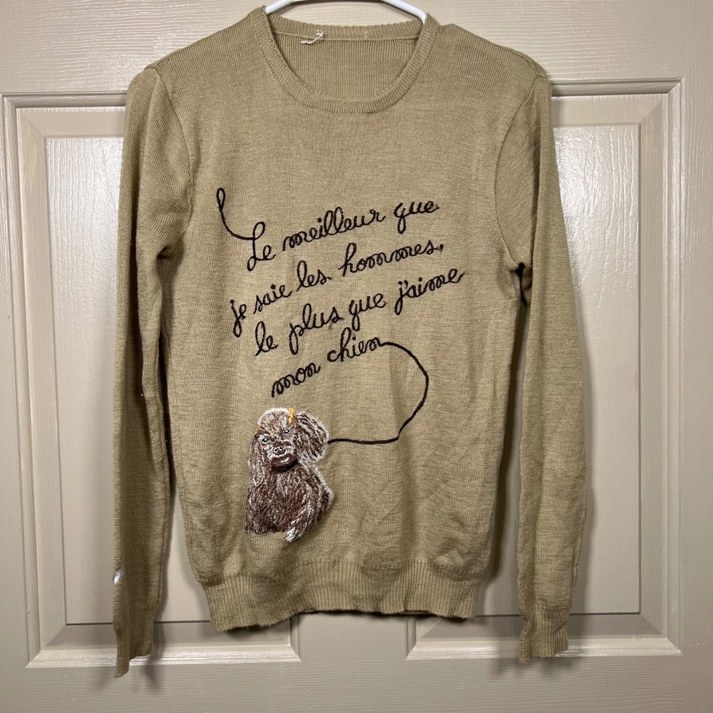 Womens French Script Poodle Embroidered Tan Knit Pullover Sweater Small